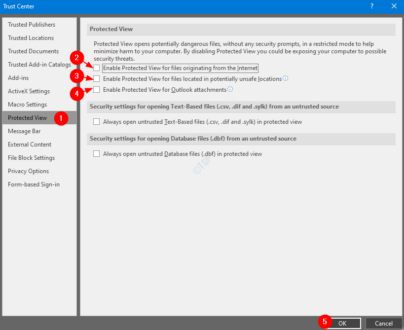 Paramètres de la vue protégée