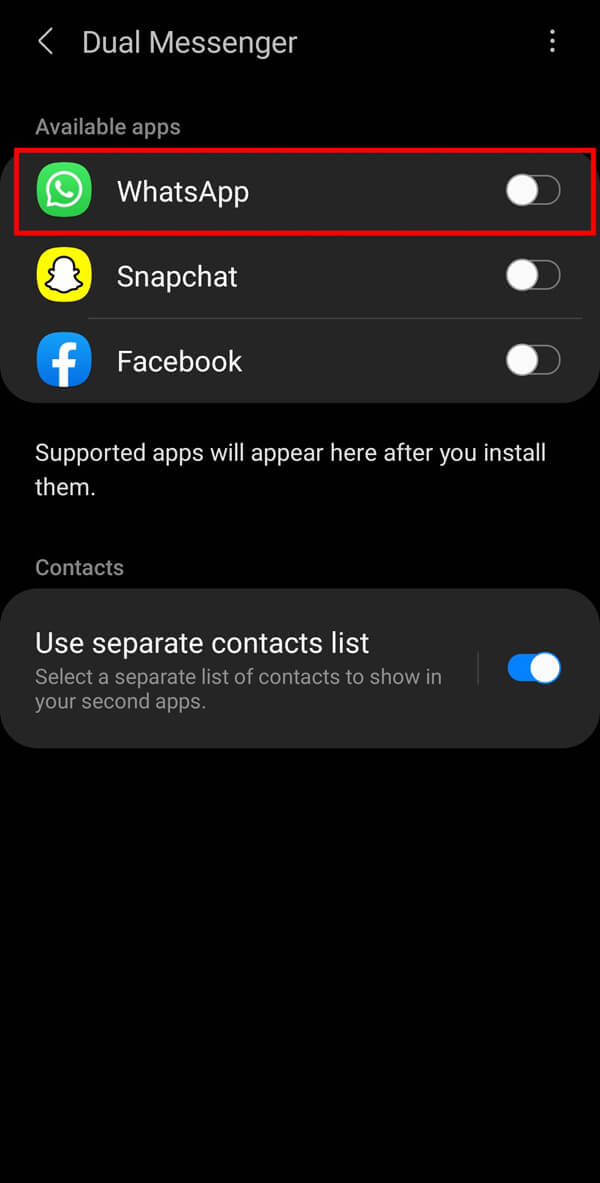 Sélectionnez WhatsApp et appuyez sur le bouton adjacent à l'option. | Comment utiliser WhatsApp sans numéro de téléphone