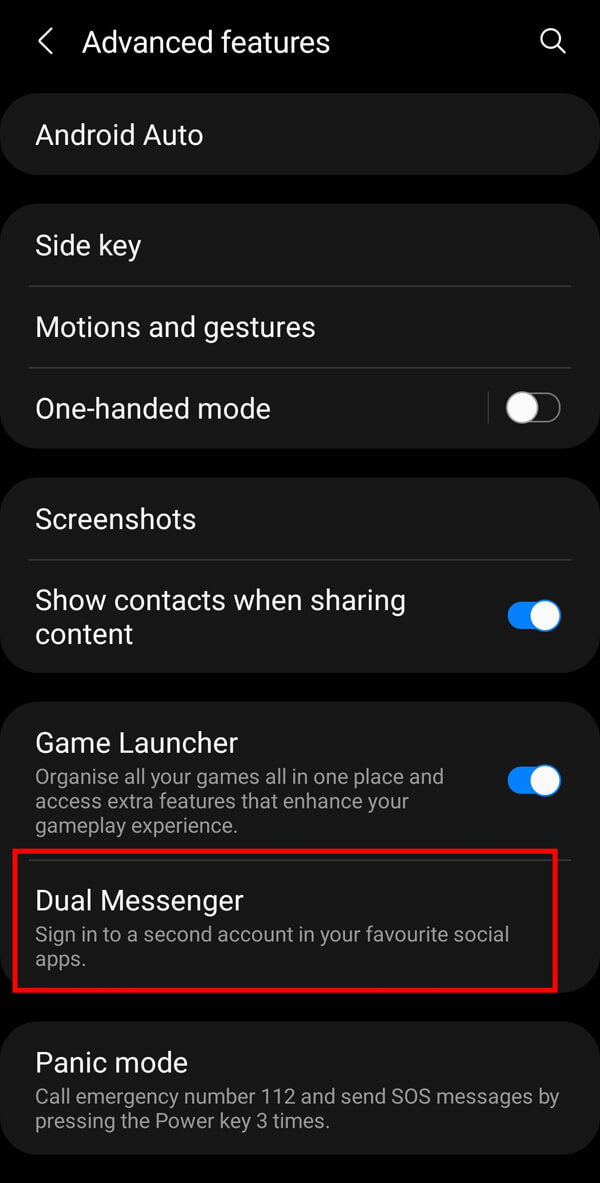 Sur l'écran suivant, appuyez sur l'option Dual Messenger.