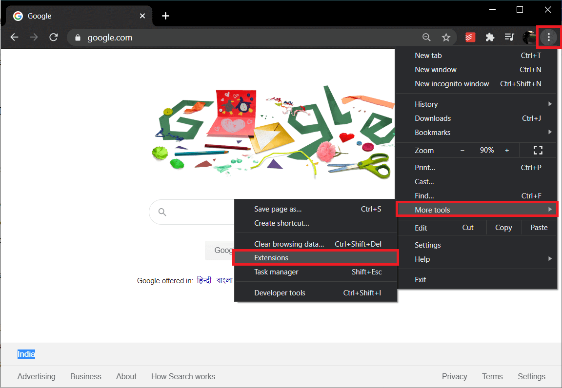 Passez la souris sur Plus d'outils. Cliquez sur Extensions | Fix Chrome ne se connectant pas à Internet
