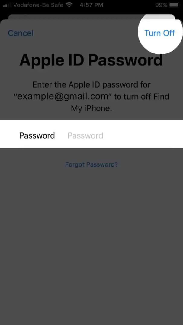 entrez le mot de passe de l'identifiant Apple et appuyez sur désactiver