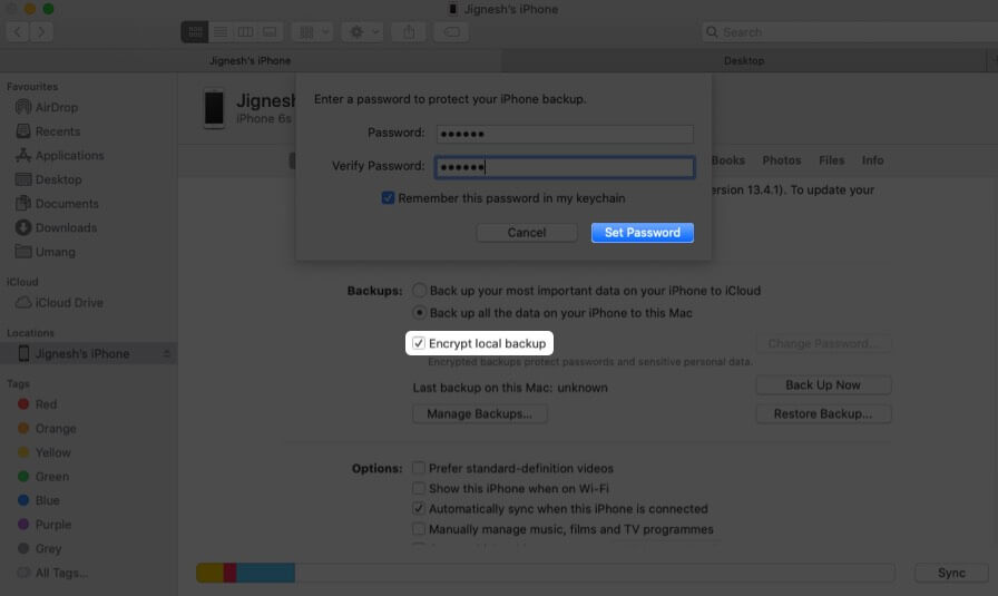 Crypter la sauvegarde locale et cliquer sur Définir le mot de passe dans le Finder sur Mac