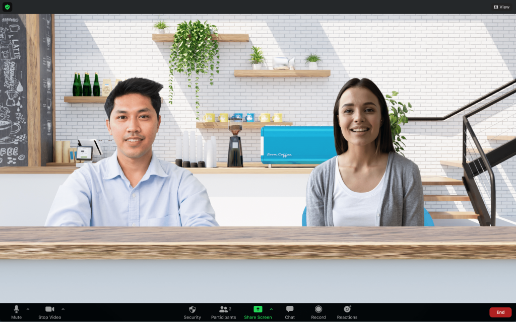 Vue immersive de Zoom montrant deux participants à la réunion dans une seule scène de café virtuel