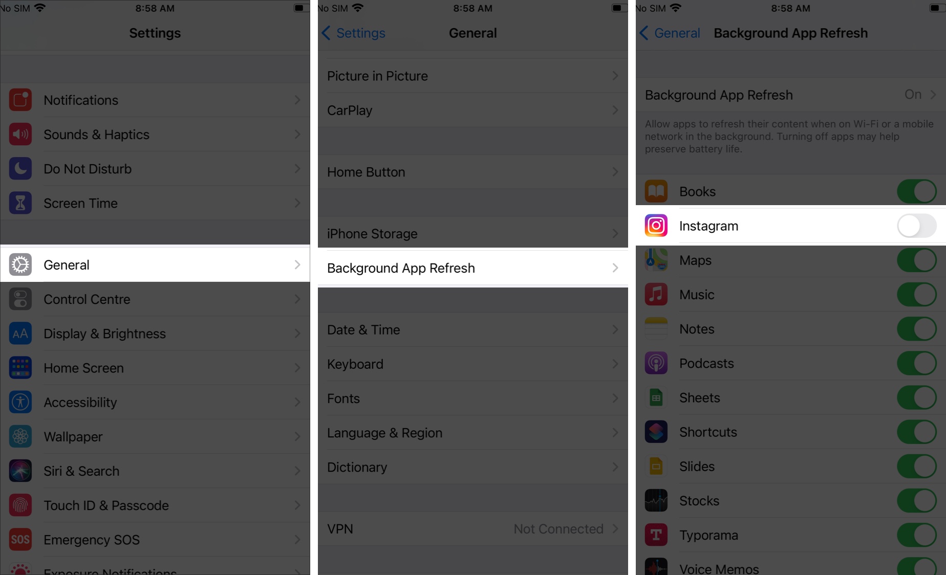 Désactiver l'actualisation de l'application en arrière-plan pour Instagram