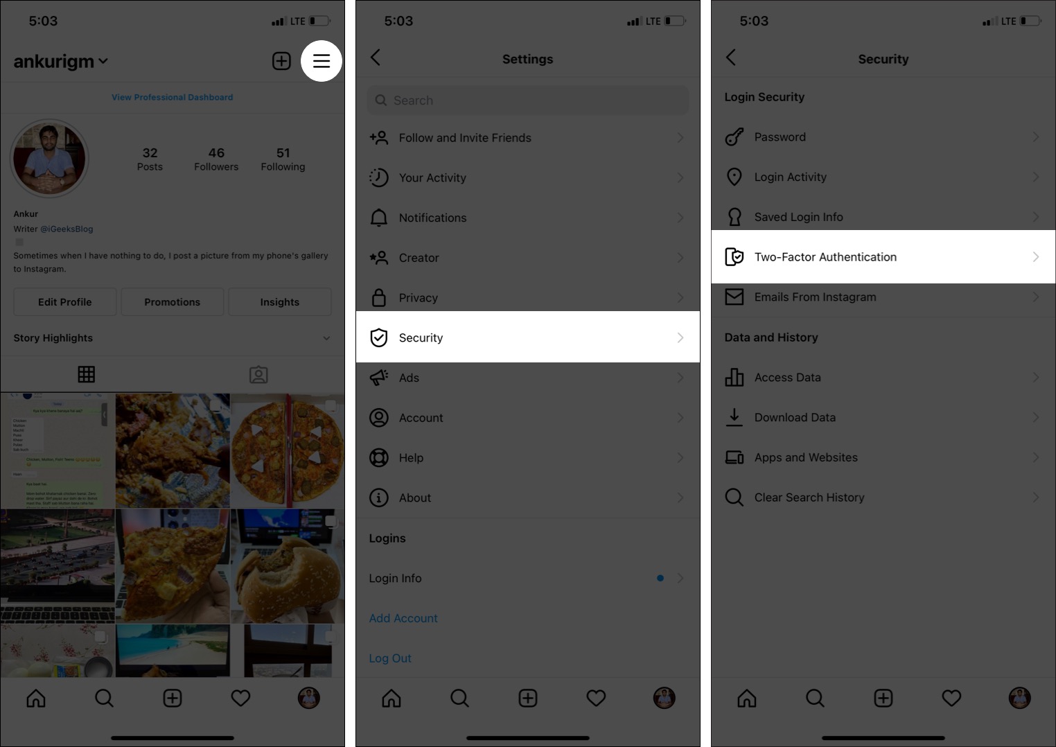 Depuis le menu contextuel du profil Instagram Paramètres Sécurité Authentification à deux facteurs