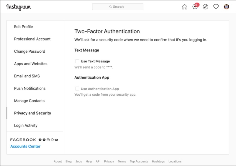 Définir l'authentification à deux facteurs Instagram via un ordinateur