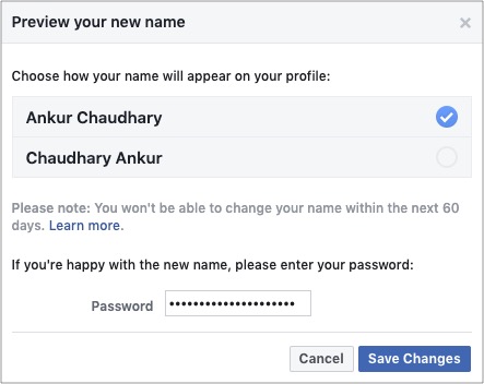 Vérifiez attentivement et cliquez sur Enregistrer les modifications pour obtenir un nouveau nom Facebook
