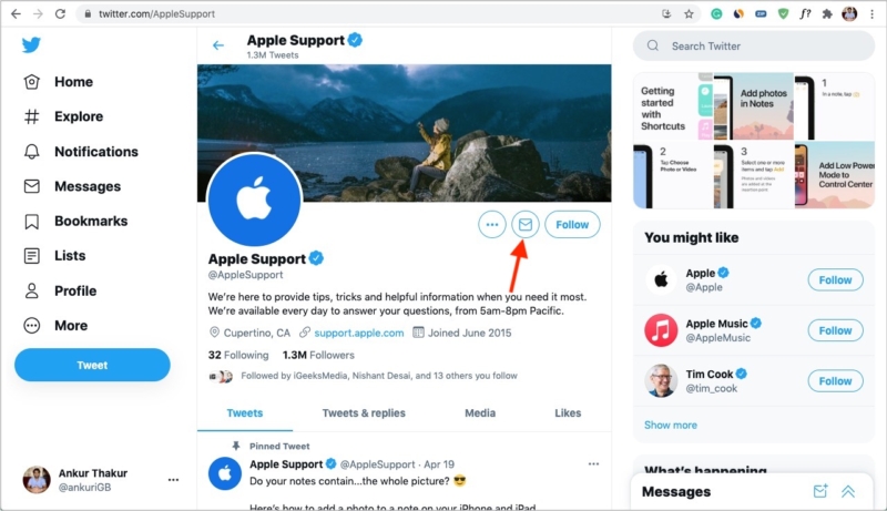 Contactez l'assistance Apple en envoyant un message DM Twitter