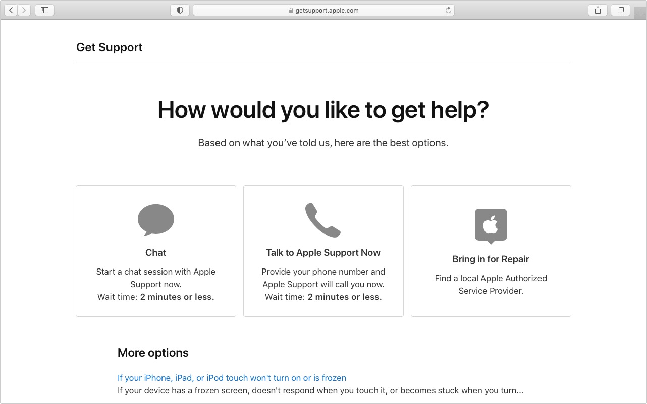 Choisissez Chat pour vous connecter avec le service client Apple Personne