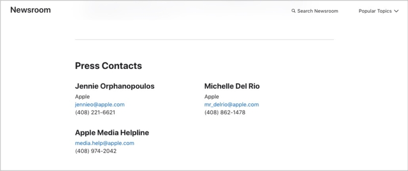 Médias ou appuyez sur les numéros de contact d'Apple Newsroom