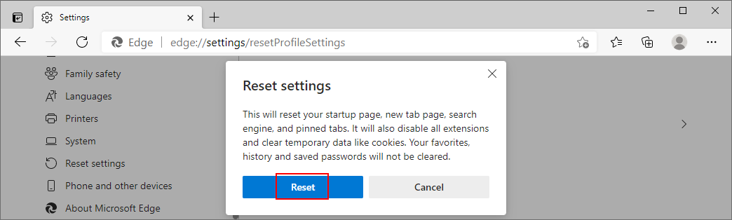 Microsoft Edge montre comment confirmer la réinitialisation des paramètres