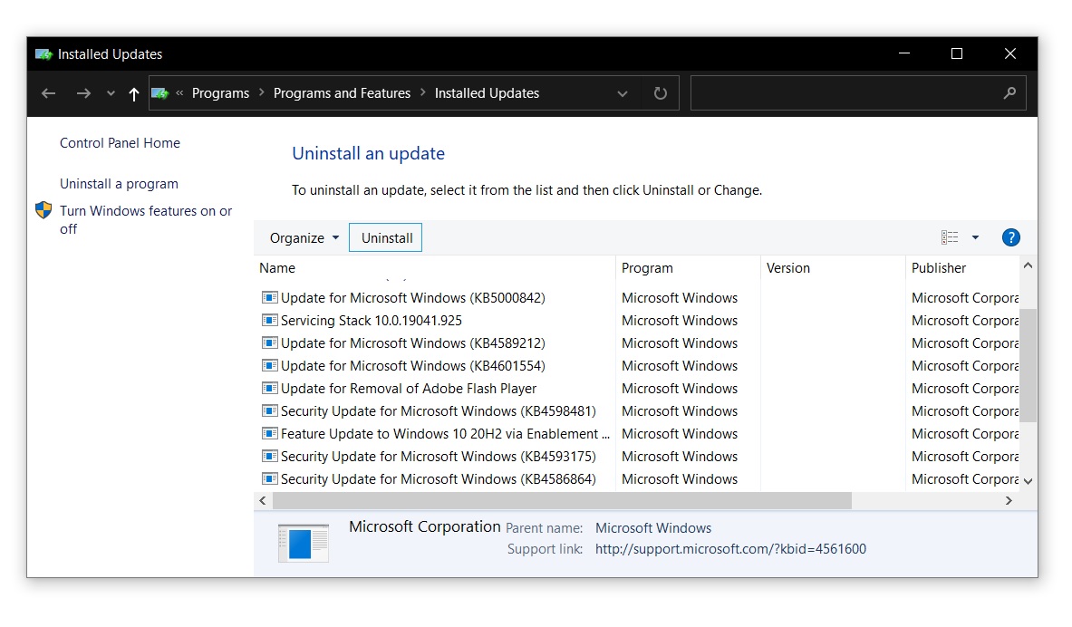 Désinstaller la mise à jour de Windows 10