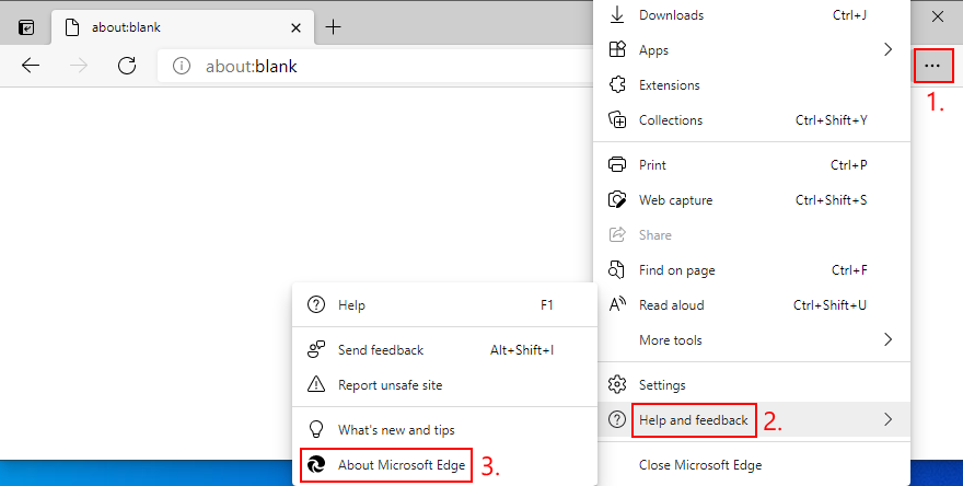 Microsoft Edge montre comment accéder à À propos de Microsoft Edge à partir du menu Aide et commentaires