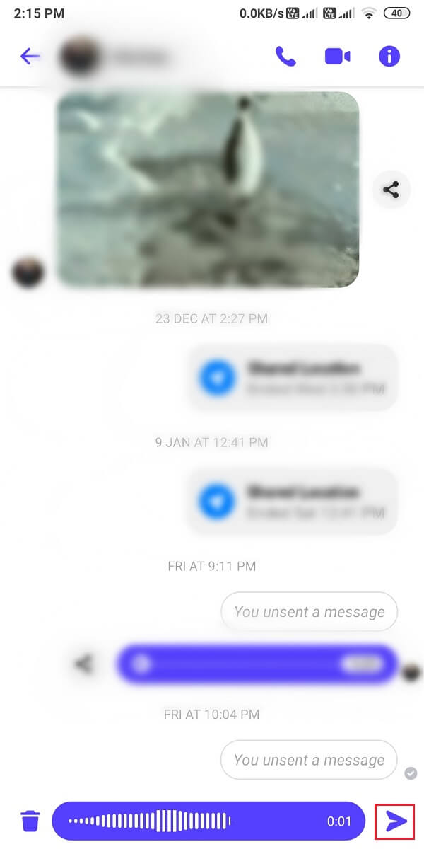 Après avoir enregistré votre audio, vous pouvez appuyer sur l'icône Envoyer. | Comment envoyer de la musique sur Facebook Messenger