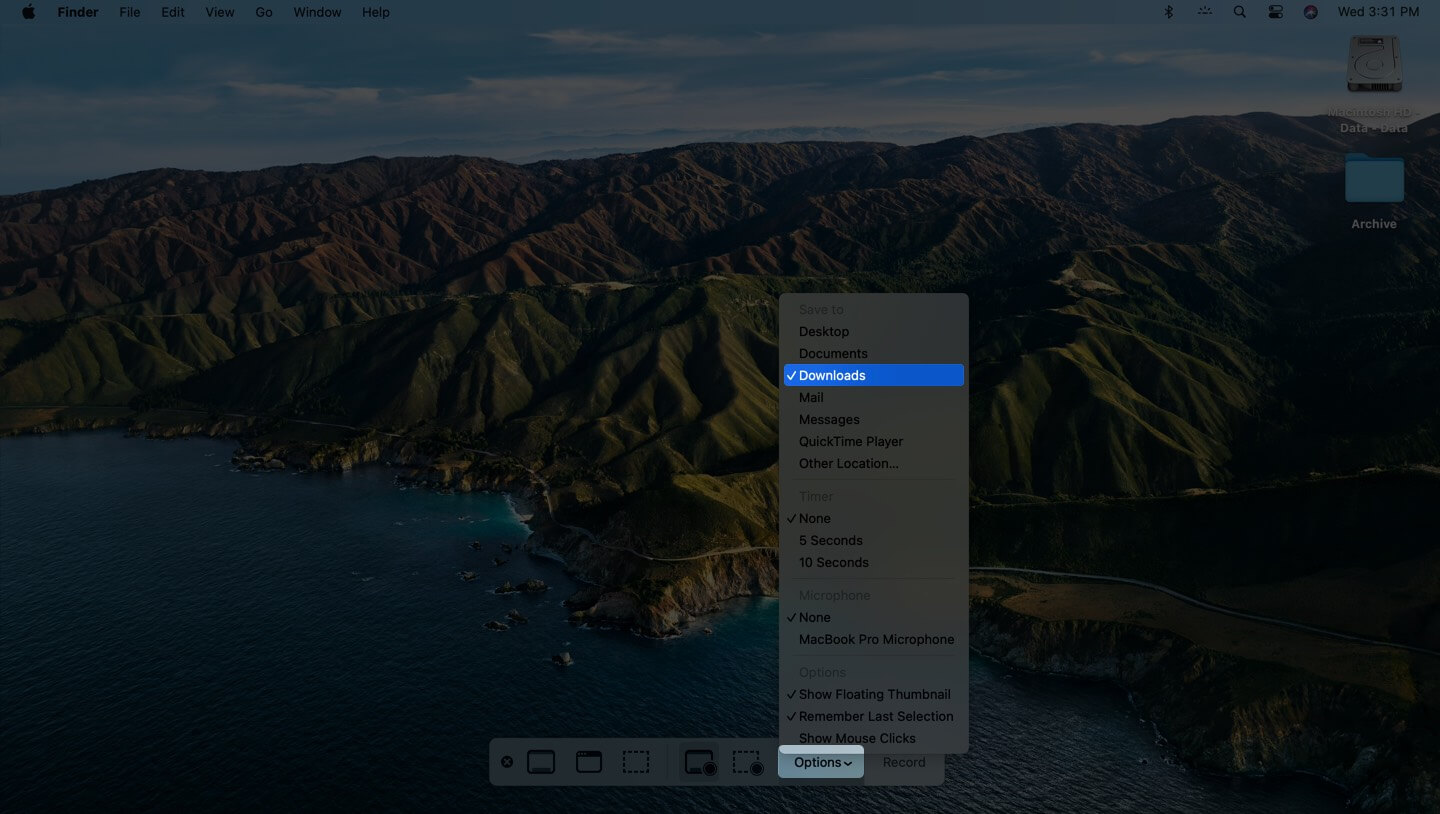 cliquez sur les options et sélectionnez l'emplacement à modifier emplacement par défaut de la capture d'écran enregistrée sur mac
