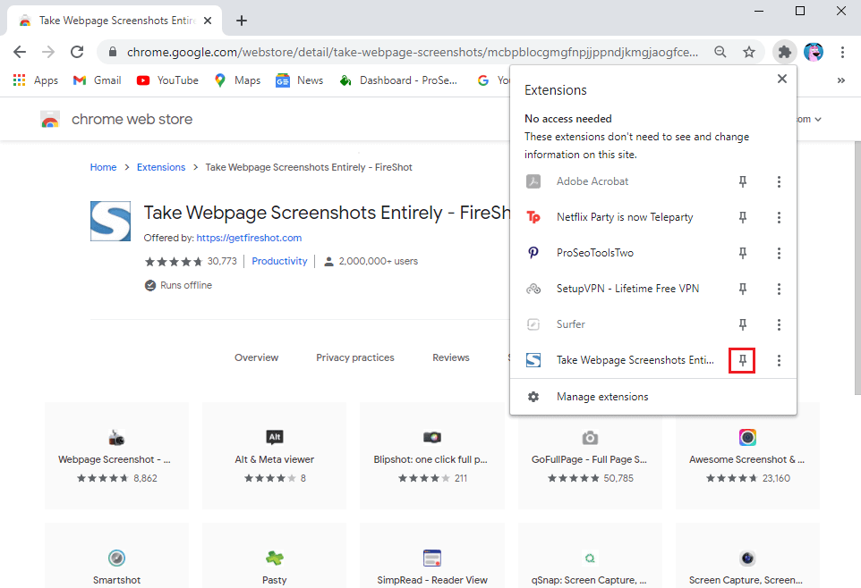 vous pouvez épingler l'extension pour l'afficher à côté de l'icône d'extension. | Comment prendre une capture d'écran sur Netflix