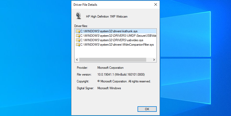 Windows 10 affiche les détails du fichier du pilote de l'appareil photo