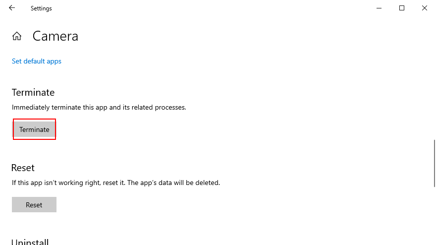 Windows 10 shows how terminate the Camera app