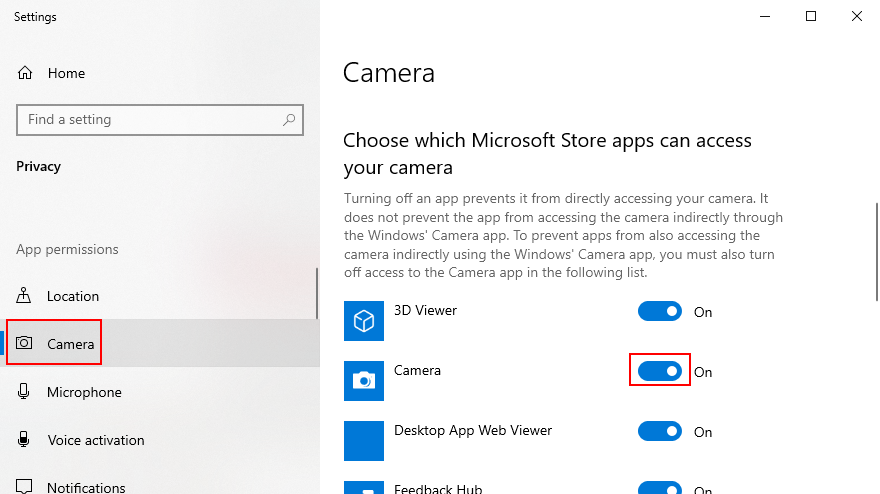 Windows 10 montre comment activer l'accès à l'application Appareil photo