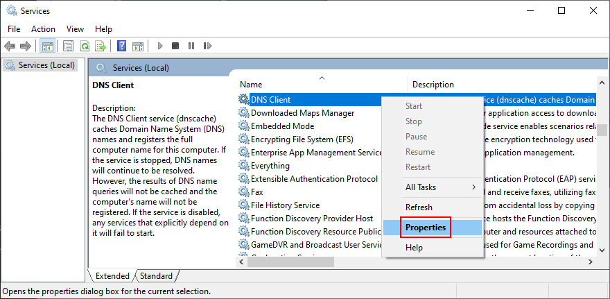 comment accéder aux propriétés du service client DNS