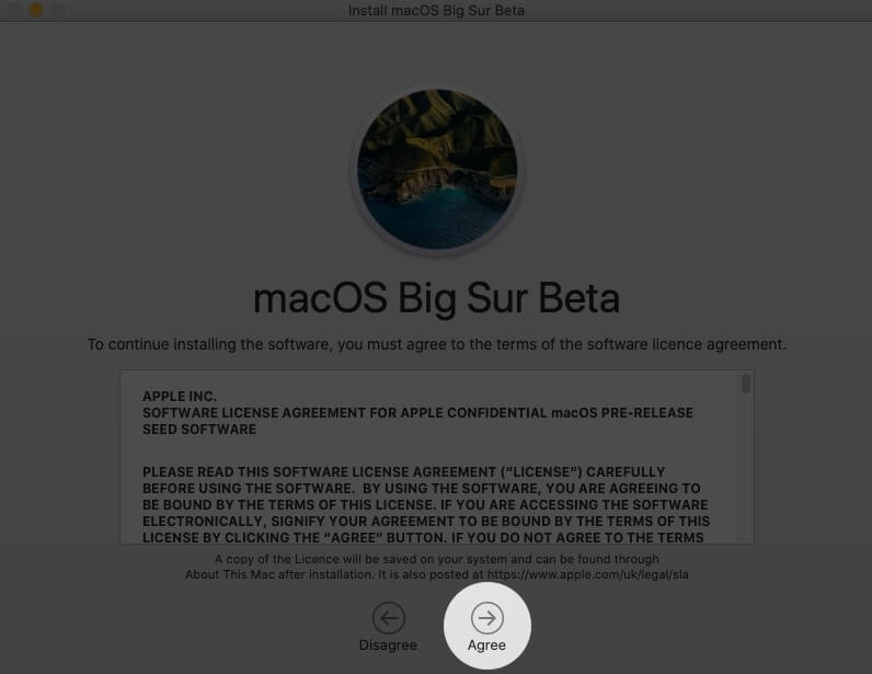 cliquez sur accepter dans la fenêtre d'installation de macos big sur sur mac