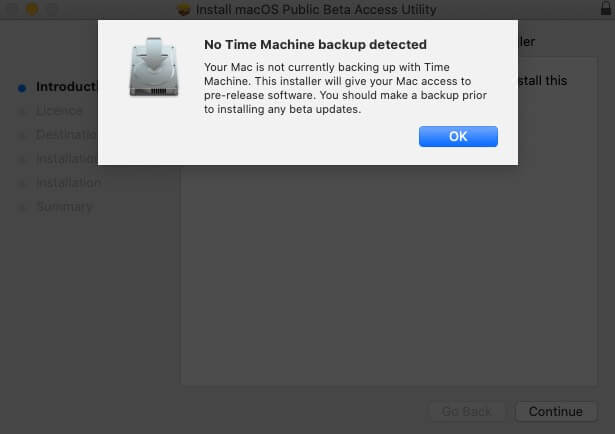 cliquez sur ok sur aucune sauvegarde Time Machine détectée pop up