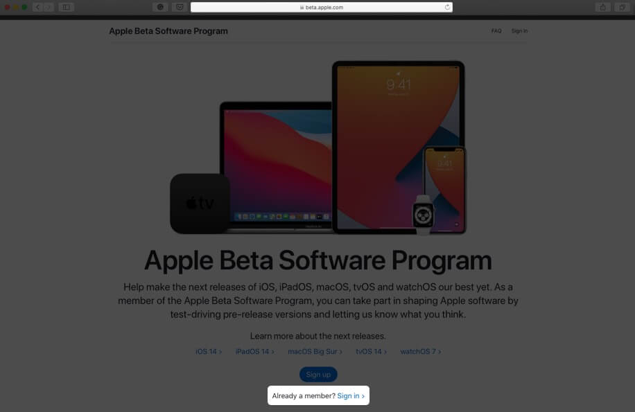 visitez la page du logiciel bêta d'Apple et cliquez sur se connecter