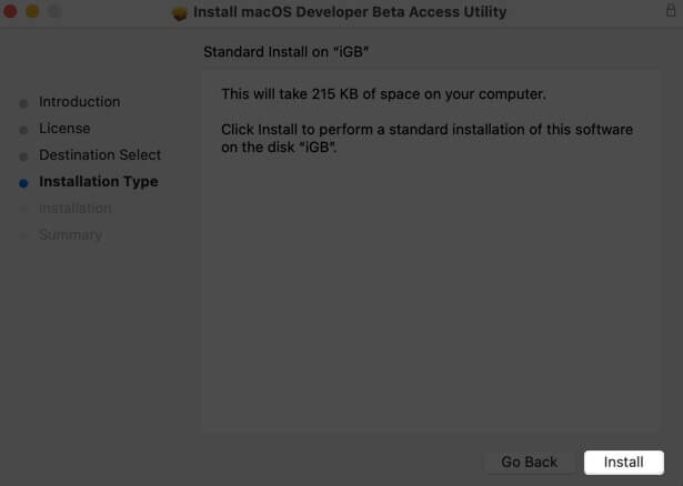 cliquez sur installer pour télécharger macos big sur developer beta