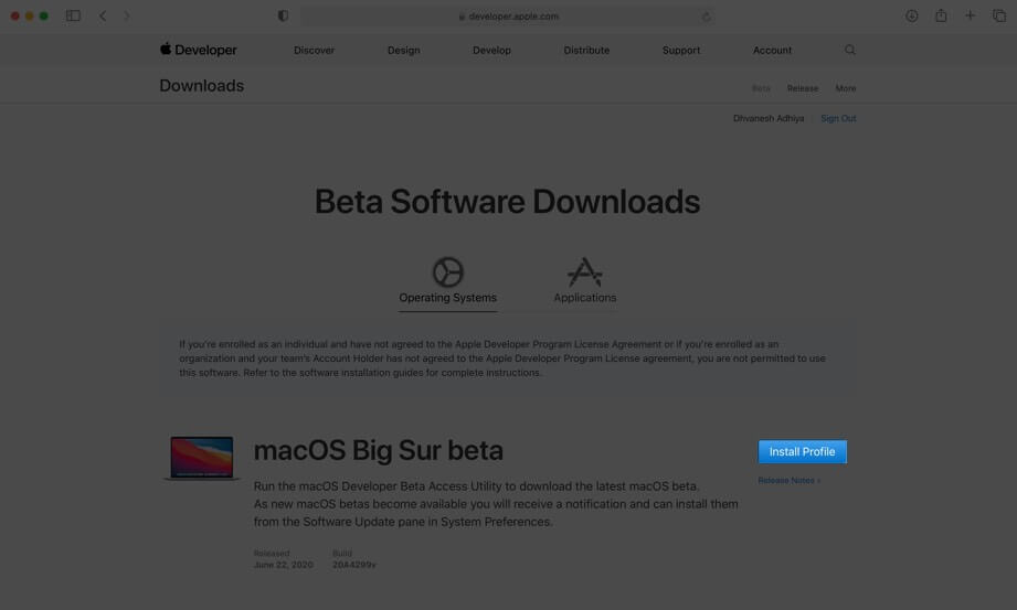 cliquez sur le profil d'installation pour télécharger macos big sur beta sur mac