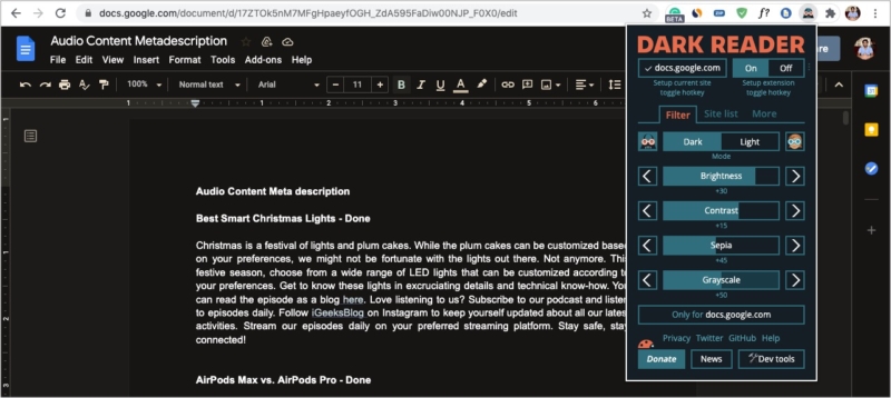 Sombre Extension de lecteur pour activer le mode sombre dans Google Docs