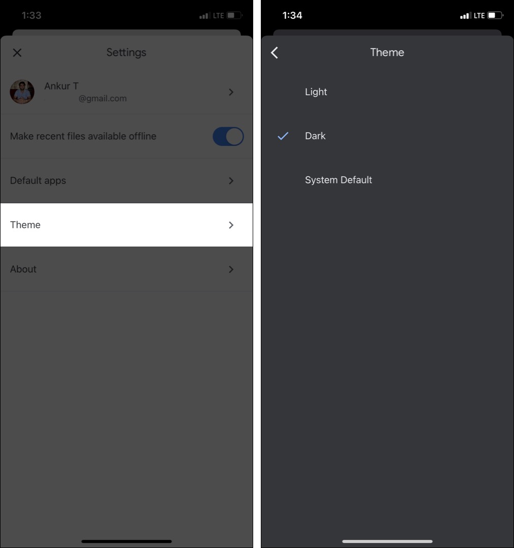 Appuyez sur Thème dans l'application Docs et choisissez Dark pour l'activer