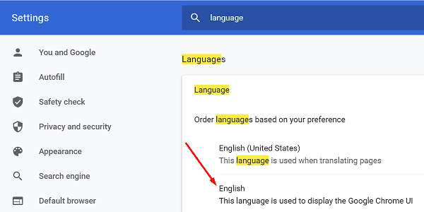 Chrome UI paramètres de langue