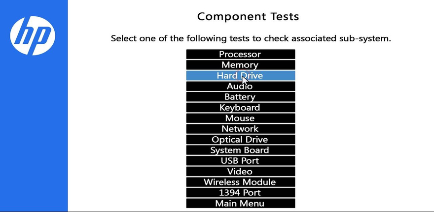 HP PC Hardware Diagnostics (UEFI) montre le composant tests