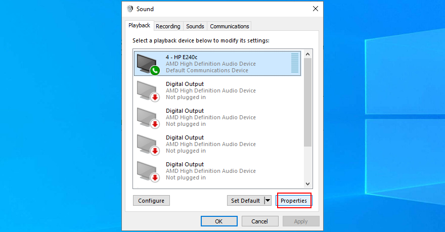 Windows 10 montre comment accéder aux propriétés de lecture audio