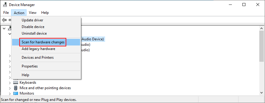 Device Manager shows how to scan for hardware changes