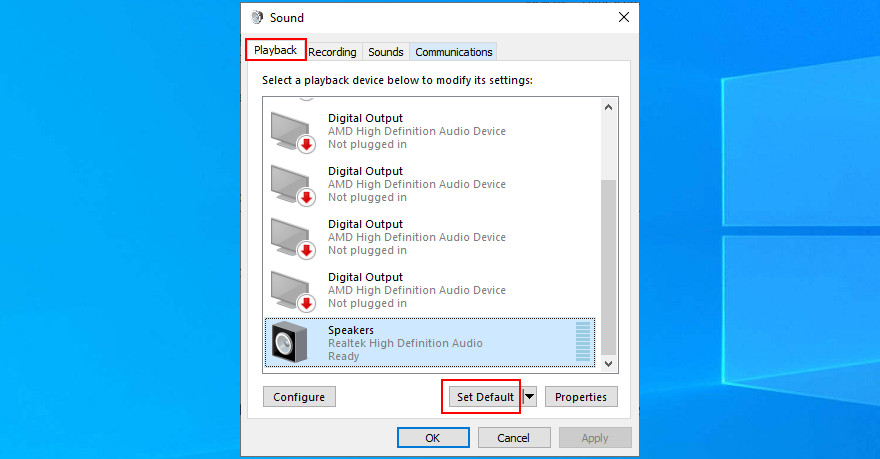 Windows 10 montre comment définir un périphérique audio par défaut