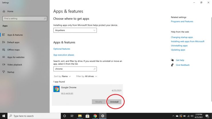 Désinstaller Google Chrome-prompt