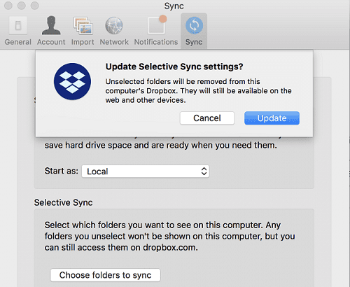 Dropbox Update Selective Sync Preferences