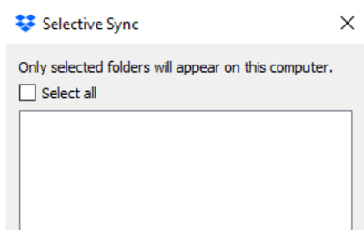 synchronisation sélective de la boîte de dépôt ne montrant aucun dossier