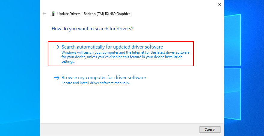 Windows 10 montre comment rechercher automatiquement un pilote logiciel mis à jour