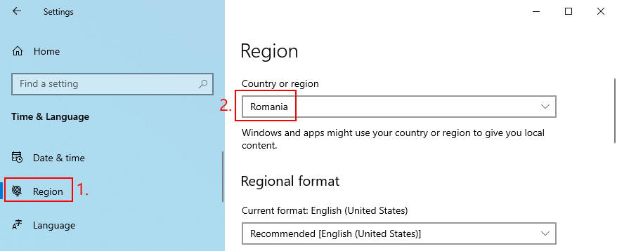 Windows 10 shows how to access region settings