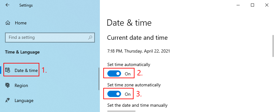 Windows 10 shows how to set the time and timezone to automatic mode