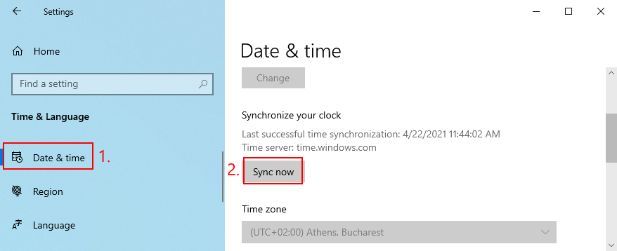 Windows 10 shows how to synchronize time
