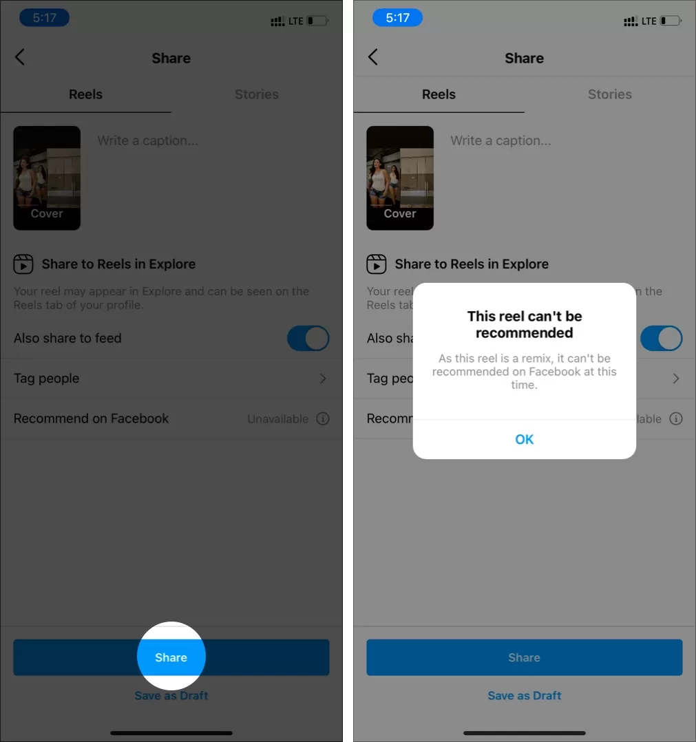 Tap on Share, Facebook integration for remix reels is missing at this time