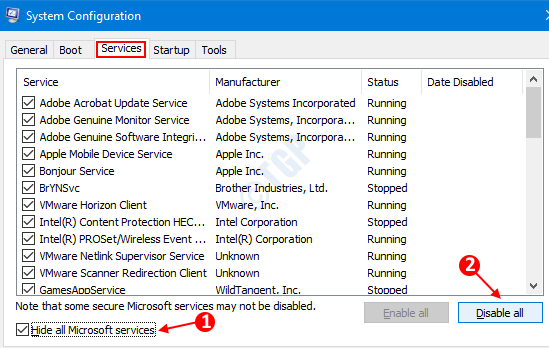 Onglet Services de configuration système