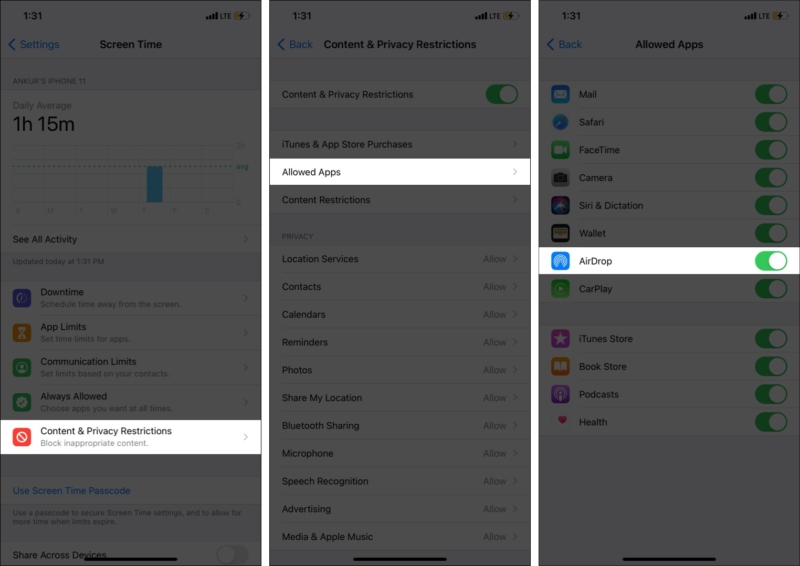 Assurez-vous qu'AirDrop n'est pas limité sur l'iPhone