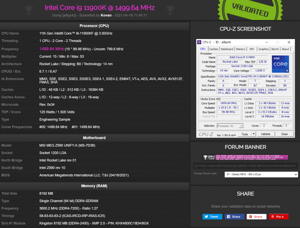 MSI MEG Z590 Unify X Motherboard DDR4 7200 MHz Mémoire Record du monde de fréquence