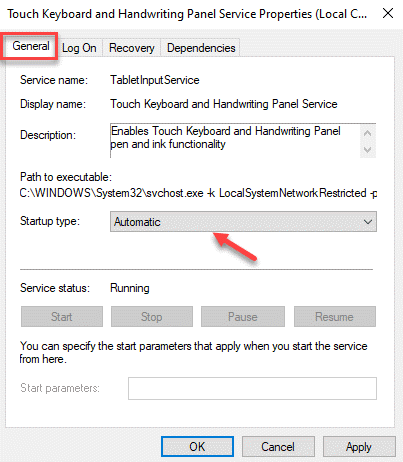 Touch Keyboard And Handwriting Panel Service Properties General Automatic Apply Ok Min