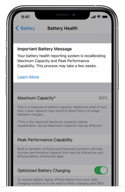 Réétalonnage iOS 14.5 pour le pourcentage de santé de la batterie