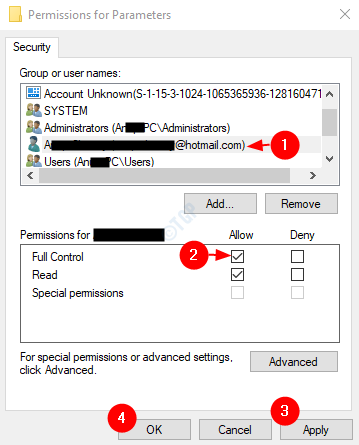 Autorisations des paramètres